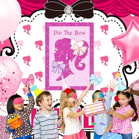 Pin The Bow Party Games for Kids Birthday,Pink Princess Poster,Pink Party Decorations for Kids,Birthday Party Games,Pamper Party Supplies for Girls,Pink Birthday Decorations.