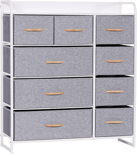 LYNCOHOME Chest of Drawers,Cationic fabric 9-Drawer Storage Organizer Unit for Bedroom Living Room Closet, Sturdy Steel Frame, Easy Pull Fabric Bins & Wooden Top, Fabric Dresser (Snow gray).