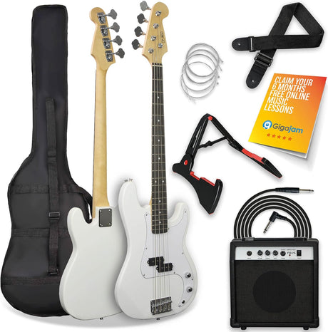 3rd Avenue Electric Bass Guitar Pack, Black - Includes 15W Amp, Bag, Cable, Strap, Stand and Spare Strings.