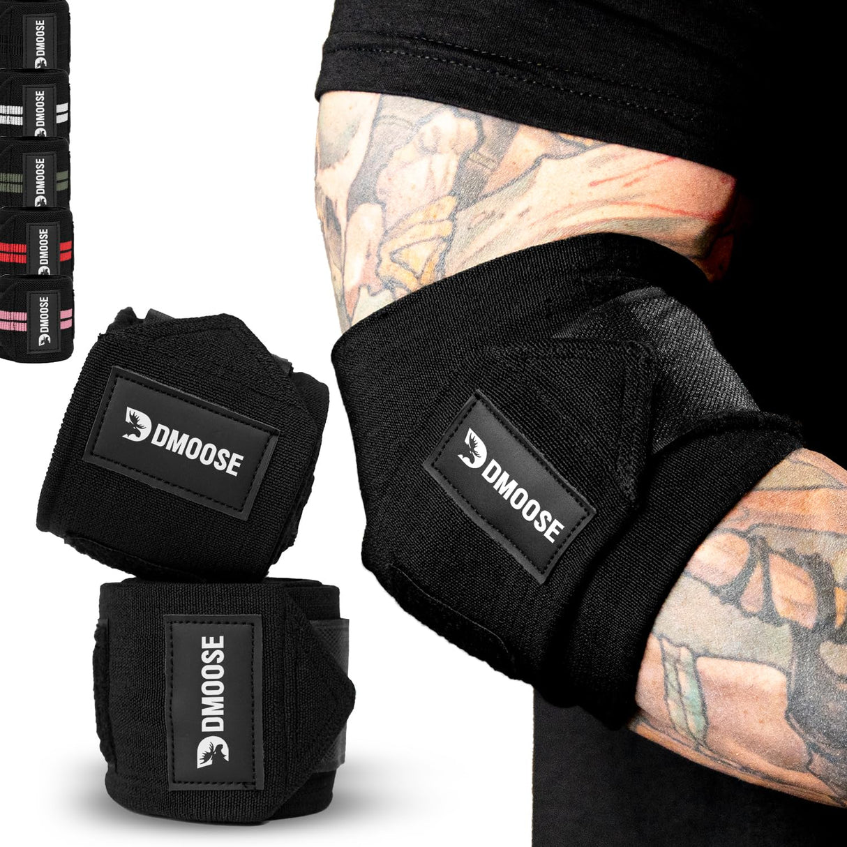 DMoose Elbow Wraps for Weightlifting, Increases Stability of Joints and Supports Injury Recovery, 40" Nylon (1 Pair) Elbow Straps for Bench Press, Cross Training & Powerlifting for Men and Women.