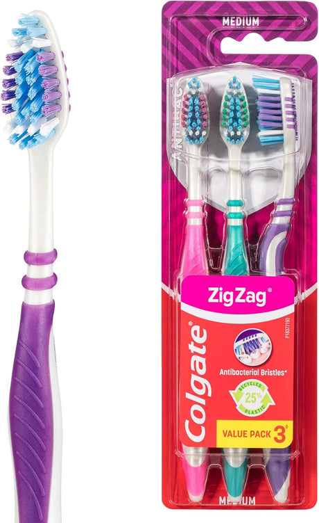 Colgate Zig Zag Medium Manual Toothbrush Pack of 3, Multi Angle Cross Bristles with Flexible Neck for Gum Comfort, 3 Count (Pack of 1).