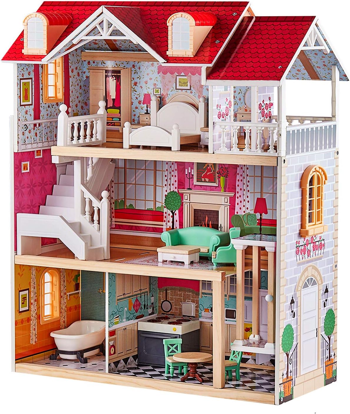 TOP BRIGHT Wooden Dolls House for Girls, Large Dollhouse Toy for Kids with Furniture and Elevator.