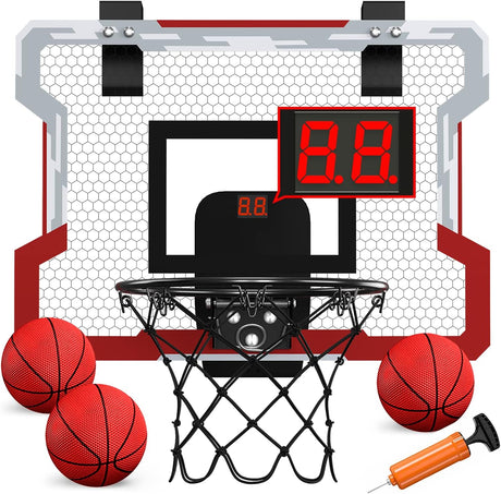 HYES Mini Basketball Hoop Indoor with Scoreboard, Basketball Hoop for Kids with 3 Balls, Pump, Door Basketball Toy Gifts for Kids Boys Girls Teens.