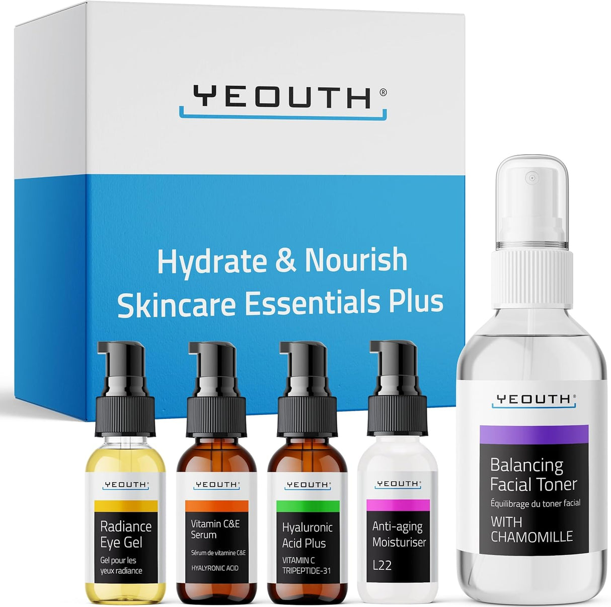 YEOUTH Hyaluronic Acid Serum, Vitamin C Face Serum, Facial Toner, Under Eye Gel, Anti Aging Face Cream, Hydrate & Nourish Skin Care Routine 5-Piece, Skin Care Gift Set.