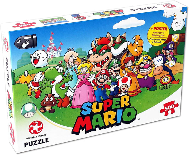 Winning Moves Super Mario and Friends 500 Piece Jigsaw Puzzle Game, piece together Mario, Luigi, Yoshi, Bowser and Toad, gift and toy for ages 10 plus.