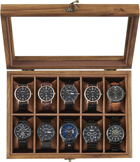 SONGMICS Watch Box with 12 Slots, Watch Case, Solid Wood Watch Box Organiser with Glass Lid, Watch Display Box with Removable Pillows, Gift Idea, Ebony Black JOW120B01.