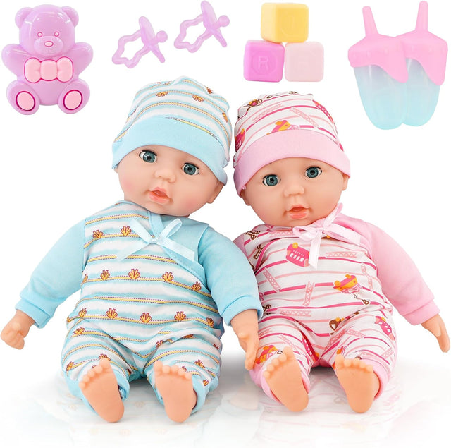 Bibi Doll - 14" Twins Baby Girl & Boy Twin Dolls Babies Gift Set - Dummy, Toy, Doll Accessories.