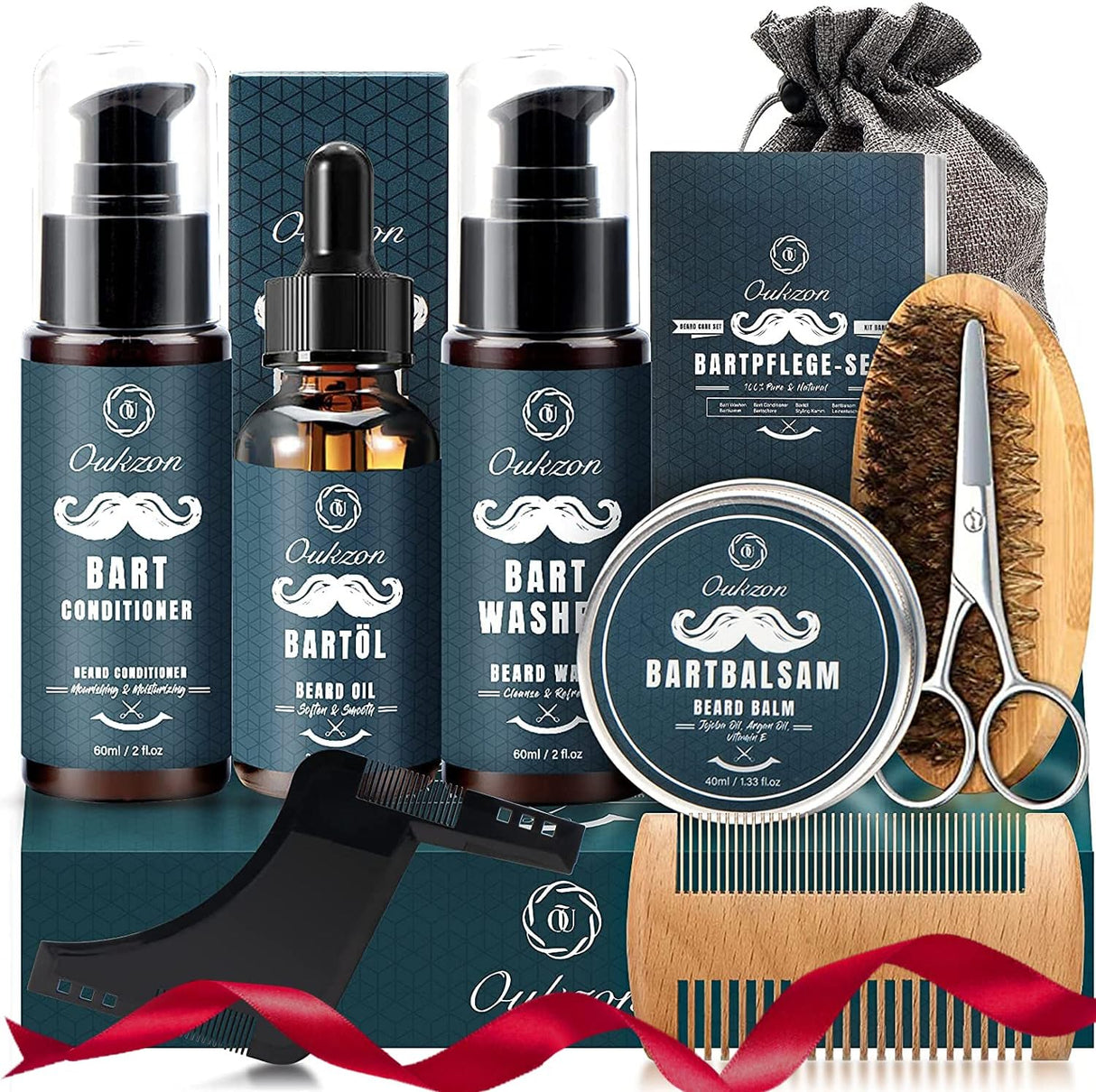 Beard Grooming Kit for Men, 10 in 1 Beard Trimming Gift Set with Beard Shampoo, Beard Conditioner, Beard Oil, Balm, Beard Comb,Brush, Scissors, Beard Shaper and Storage Bag -Mens Beard Growth Care Set.