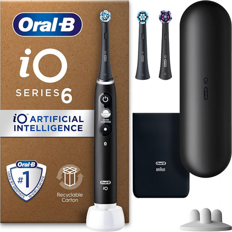 Oral-B iO6 Electric Toothbrushes For Adults, 3 Toothbrush Heads, Travel Case & Toothbrush Head Holder, 5 Modes With Teeth Whitening, 2 Pin UK Plug, Black.