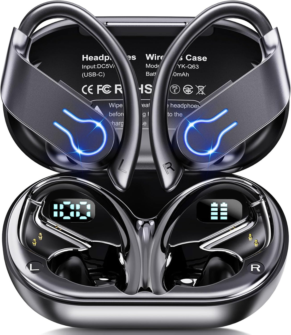 Wireless Earbuds Bluetooth Headphones 120H Playtime Stereo Ear Buds Bluetooth 5.3 Dual Power Display Sports Headphones with Earhooks IPX7 Waterproof Earbuds with ENC Mic Over-Ear Earphones for Running.