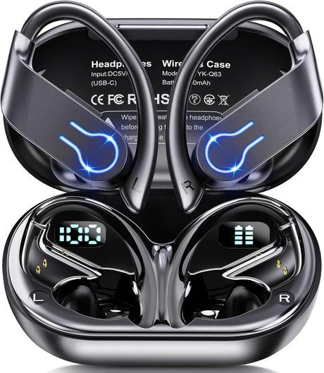 Wireless Earbuds Bluetooth Headphones 120H Playtime Stereo Ear Buds Bluetooth 5.3 Dual Power Display Sports Headphones with Earhooks IPX7 Waterproof Earbuds with ENC Mic Over-Ear Earphones for Running.