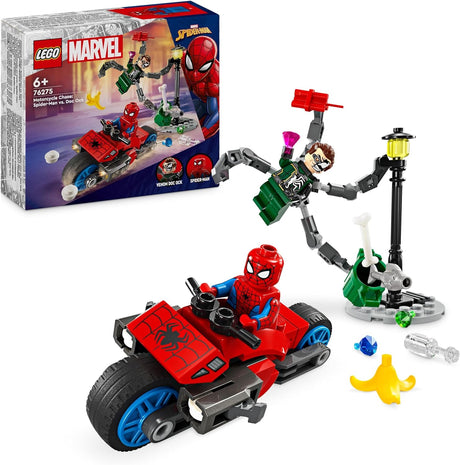 LEGO Marvel Motorcycle Chase: Spider-Man vs. Doc Ock, Motorbike Building Toy for Kids, Boys and Girls aged 6 Plus with Stud Blasters, Web Shooters & 2 Minifugres Incl. Spidey, Super Hero Gifts 76275.