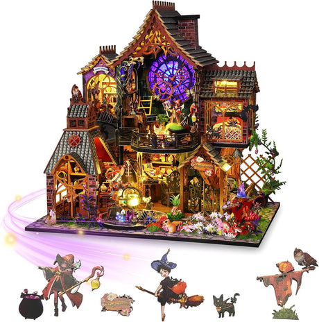 Mostop DIY Miniature Dollhouse Kit, Wooden Dollhouse Kit Miniature House Kit with LED Light,Creative Room Idea for Kids/Adults Magic House DIY Kits (Holo Magic City).