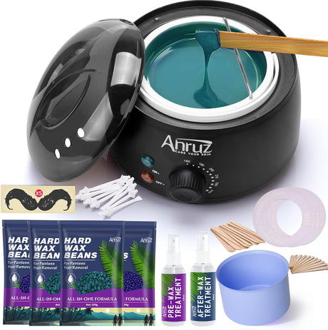 ANRUZ Waxing Kit, Wax kit for Hair Removal, Wax Pot for Waxing Professional with Silicone Bowl,4 Bags Wax Beads and 20 Applicator Sticks, 2 Treatment Oils-at Home Wax Machine for Full Body Waxing.