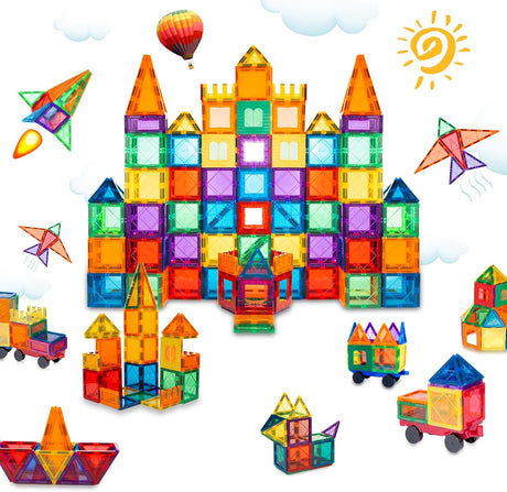 MagHub 65 Piece Set Kids Magnet Toy Magnetic Tiles Shape, Clear 3D Building Blocks Set, Magnetic Stacking , Construction Preschool Learning Educational Toy for Children Boys Girls.