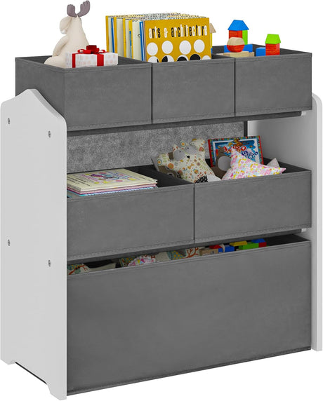 Lestarain Kids Storage Unit with 9 Toy Boxes, Kids Toy Storage Unit Toy Box Storage Rack Kids Toy Organiser Playroom Bedroom Storage Boxes, White, MDF+Fabric, 92x30x60/68cm.