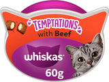 WHISKAS Temptations - Tasty, Crunchy Treats for Adult Cats, Small Bite Size Snacks with a Delicious Chicken and Cheese Filling, 4 x 180 g Packets - Pack May Vary