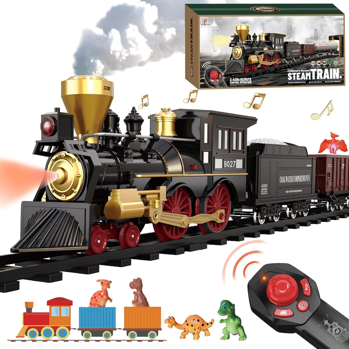 Electric Train Sets for Kids Metal Alloy Christmas Train Toys Steam Locomotive, Glowing Passenger Carriages, Luxury Tracks, Light & Sounds Rechargeable Birthday Gifts for Boys Girls Green.