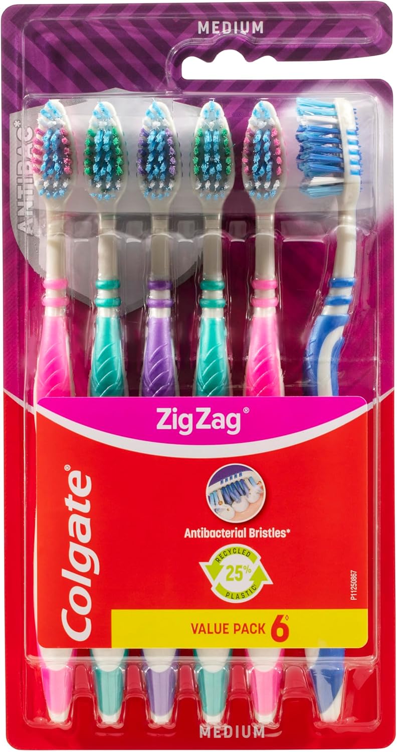 Colgate Zig Zag Medium Manual Toothbrush Pack of 3, Multi Angle Cross Bristles with Flexible Neck for Gum Comfort, 3 Count (Pack of 1).