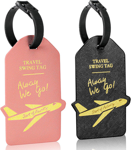 Alyvisun 2Pcs Luggage Tags, PU Suitcase Tags Baggage Labels Luggage Labels for Suitcases with Name ID Card, Suitcase Labels Travel Tags for Luggage Baggage Bags Business, Black and Rose.