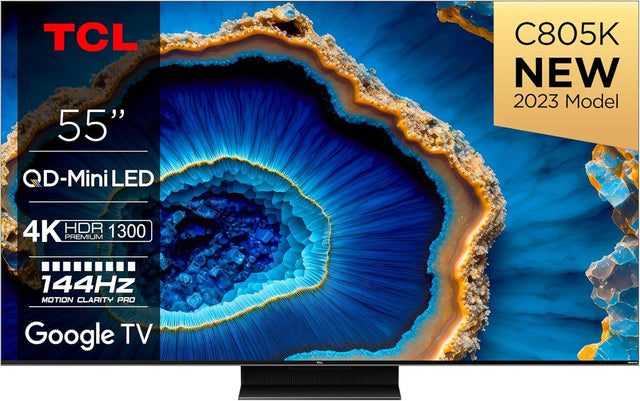 55" QLED Mini LED C805 4K Ultra HD Android Smart HDR TV (Dolby Atmos, Dolby Vision, HDR10+, Bluetooth, 144Hz Motion Clarity Pro, Chromecast Built-In, 240Hz Game Accelerator).