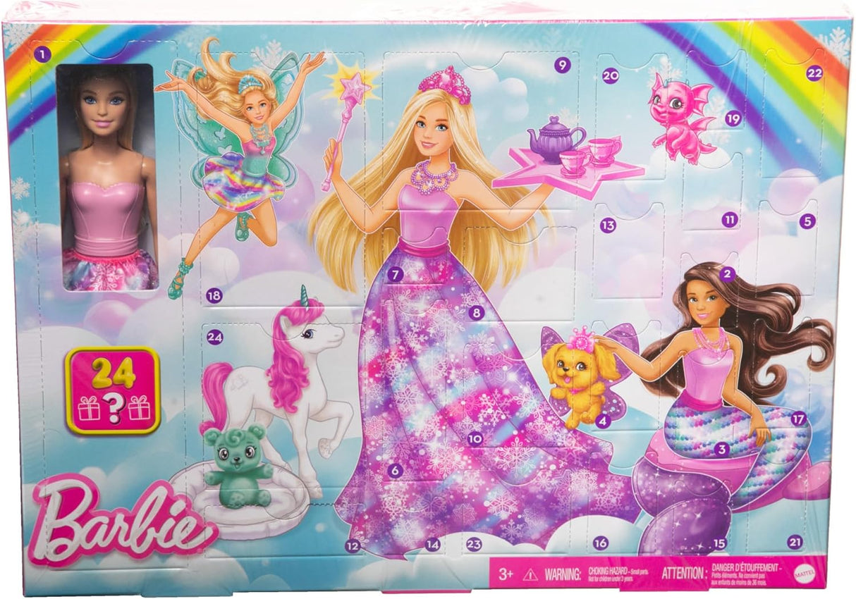 Barbie Dreamtopia Doll and Advent Calendar with 24 Surprises like Fairytale Accessories, Mermaid and Fairy Clothes, and Unicorn and Dragon Pets, HVK26.