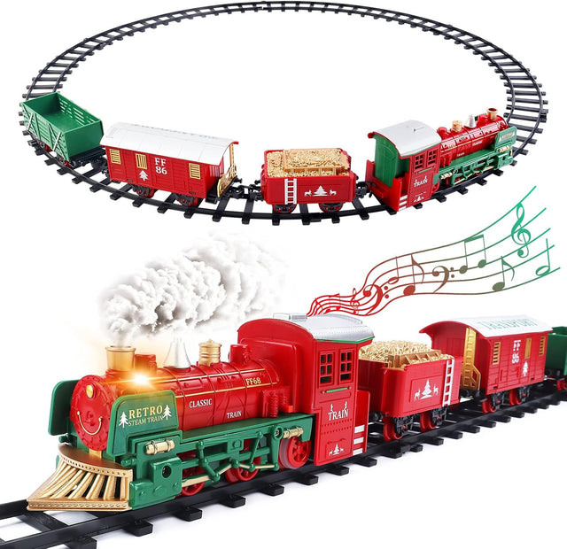 deAO Christmas Train Set for Kids with Light & Sounds, Smoke, Electric Train Sets for Kids, Toy Train Set, Train Set Under Christmas Tree, Gift for Kids and Christmas Decoration.