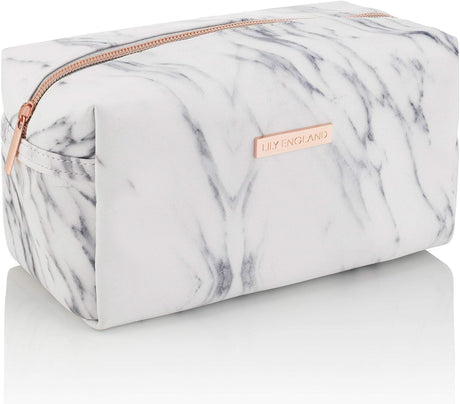 Makeup Bag - Small Cosmetic Organiser, Toiletry Bag or Pencil Case - Travel Make Up Wash Bag for Women by Lily England, Marble/Rose Gold.