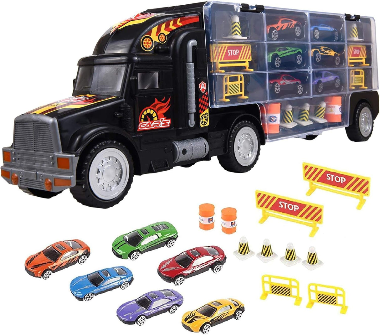 Soka® Car Transporter Carrier Truck Toy - Play Vehicle Set of 1 Big Truck Carrier, 6 Colourful Metal Cars, 5 Cones, 2 Barrels and 4 Stop Signs.