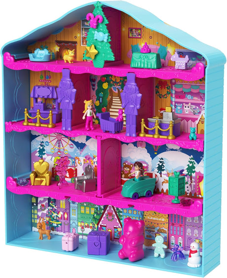 Polly Pocket Dolls Advent Calendar, Gingerbread House Playset with 24 Surprises, Dollhouse Furniture, Toy Car, and Holiday Accessories, HWP33.