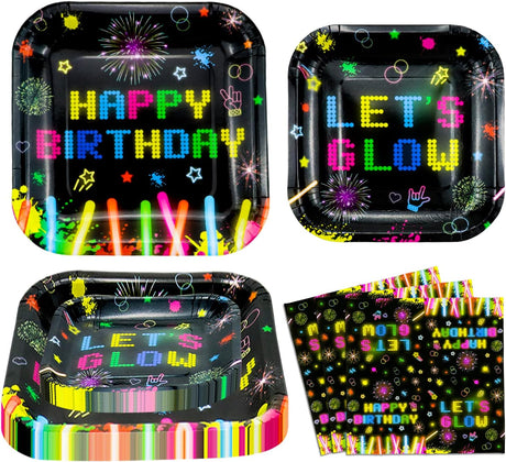 120 Pack Neon Glow Party Supplies Glow Tableware Set Glow Party Plates Glow in The Dark Birthday Plates, Napkins Blacklight Party Decoration Neon Glow Birthday Party Decorations Serves 40.