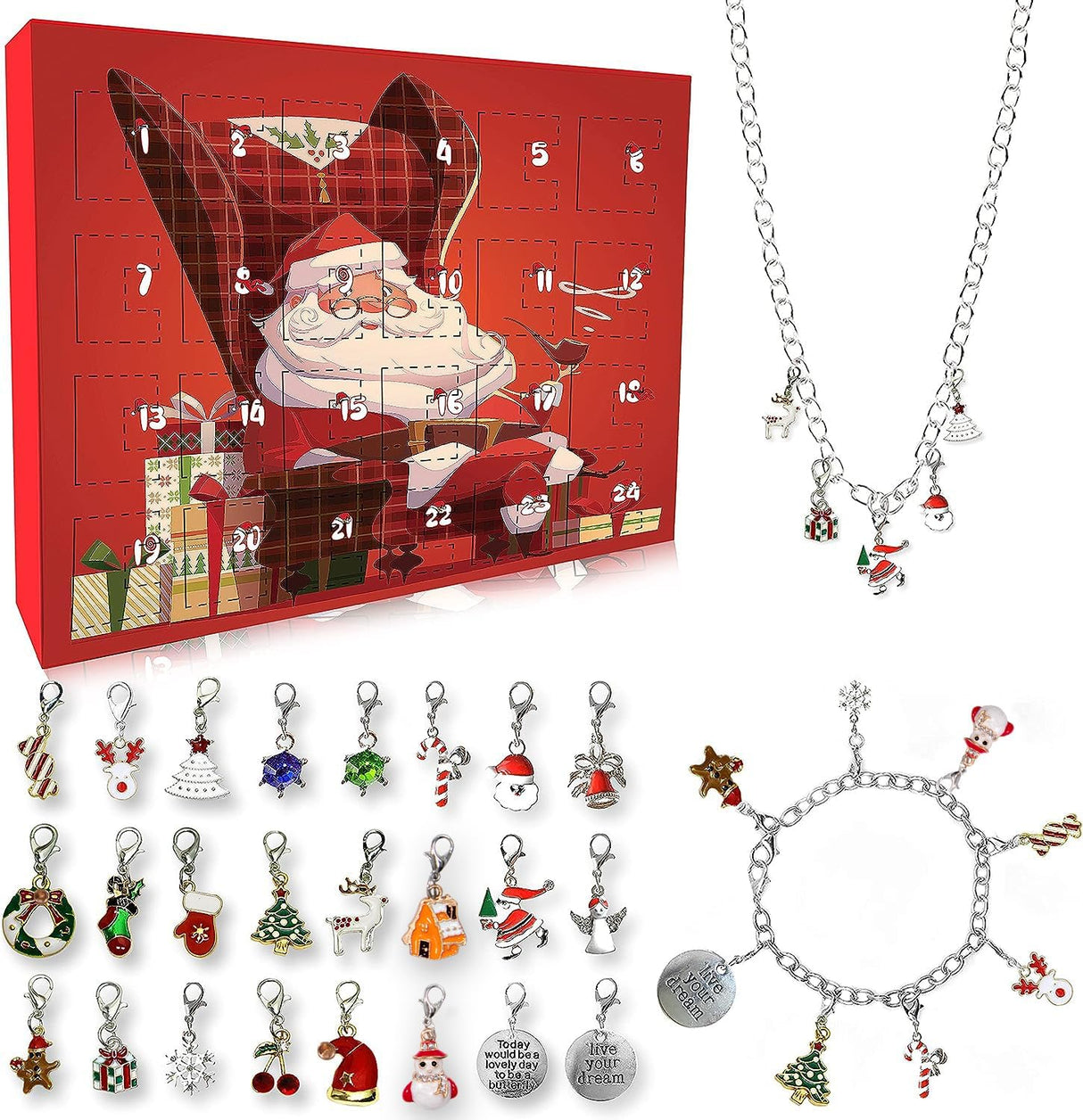 Girls Advent Calendar 2024 Charm Bracelet and Necklace Making Kit for Kids Christmas Countdown Calendars.