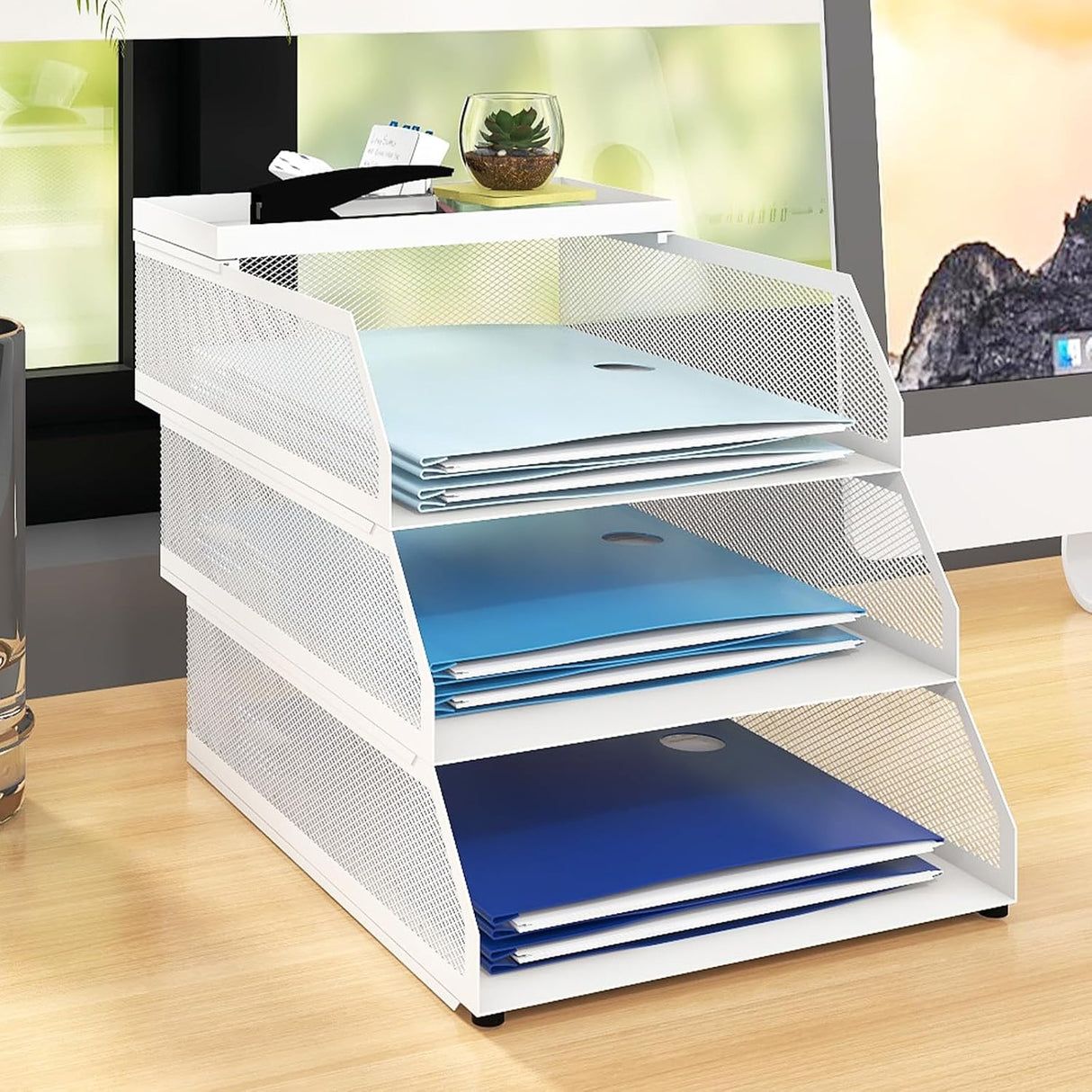 PUNCIA 4-Tier Stackable Desk Organiser A4 Filing Tray Metal Mesh Paper Storage Letter Tray White Magazine File Holder Desk Tidy Document Notebooks Sorter Rack for Home Office School Classroom