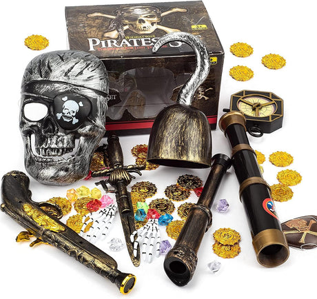 Pirate Treasure Play Set for Kids,Pirate Role-Play Toys,Pirate Costume kids Accessories with Pirate Mask,Gold Coins,Pirate Hook,Compass,Telescope,Plastic Sword,Eye Patch,Badge for Party Decor..