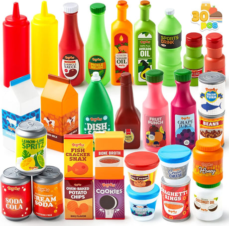 JOYIN 30Pcs Play Food Grocery Cans, Pretend Play Kitchen Accessories, Includes Drink, Juice, Jar, Seasoning, Water Bottle, Sauce, Yogurt, Ice Cream, Snack Box, Kids Gifts & Indoor Toys.