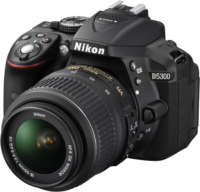 Nikon D5300 Digital SLR Camera with 18-55mm VR Lens Kit - Black (24.2 MP) 3.2 inch LCD with Wi-Fi and GPS (Renewed).