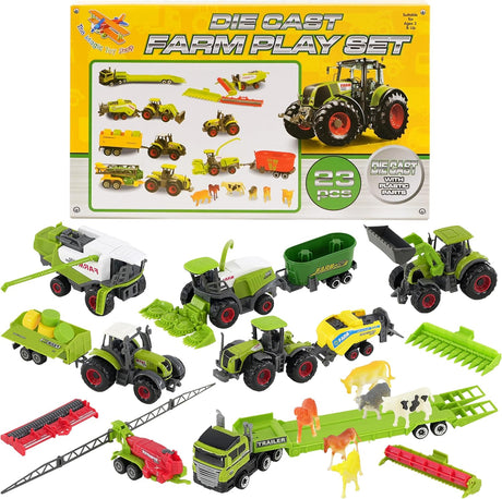 The Magic Toy Shop 22 Pcs Metal Diecast Tractor Set Farm Truck Vehicles Animals Model Kit Playset.