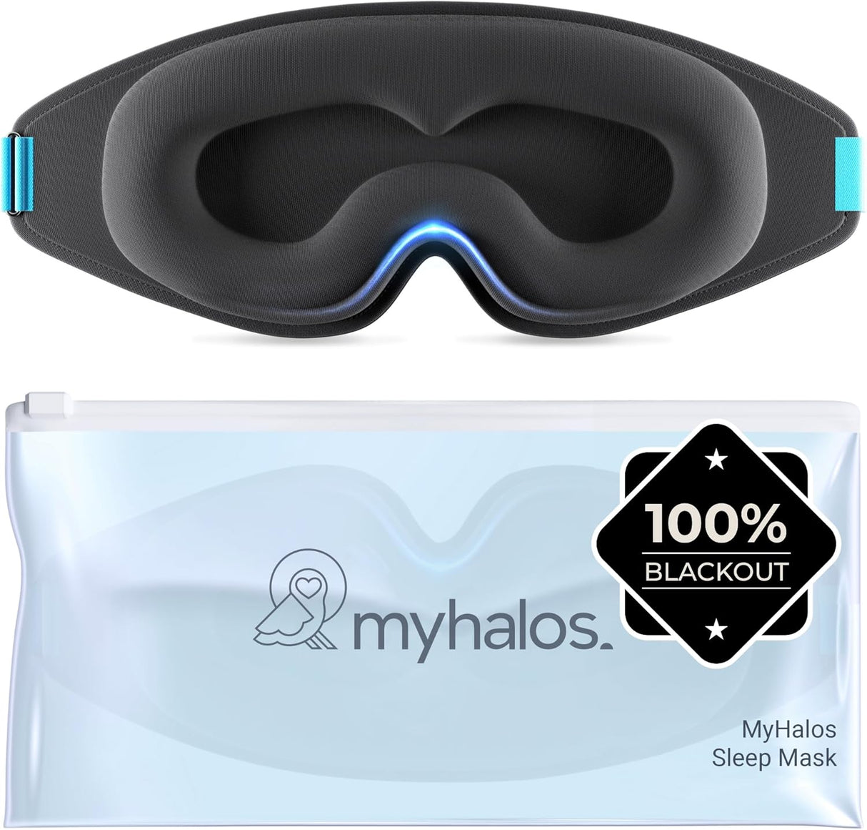 MyHalos 100% Blackout Sleep Masks for Women & Men - Zero Eye Pressure Eye Mask for Sleeping -Our Halo Sleep Mask Includes a Storage Pouch- Black Eye Mask for Travel or Blindfold.