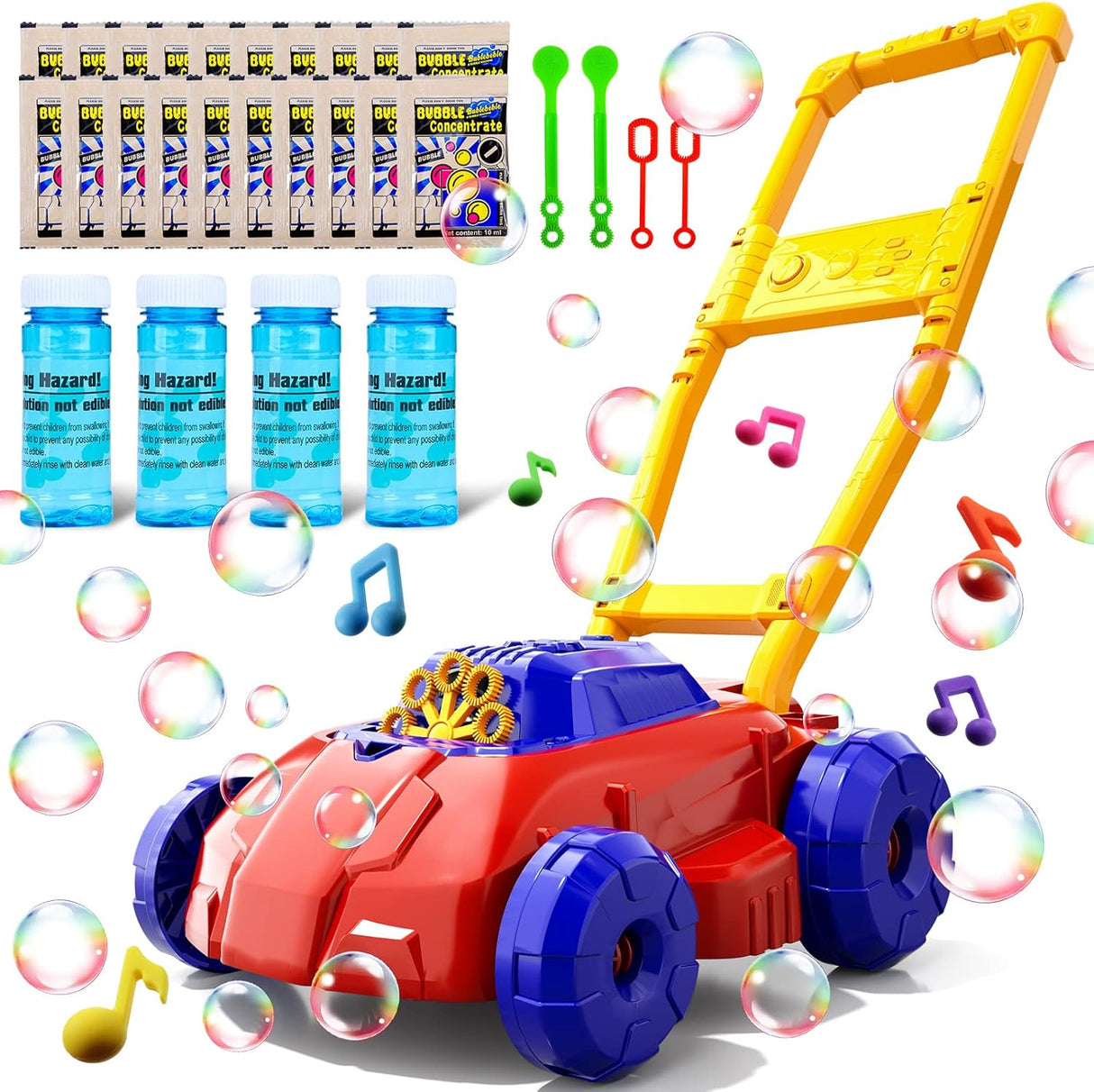 Doloowee Red and Blue Bubble Lawn Mower for Toddlers, Bubble Makers for Kids, Summer Outdoor Backyard Gardening Toys, Birthday Gifts for Preschool Boys Girls.