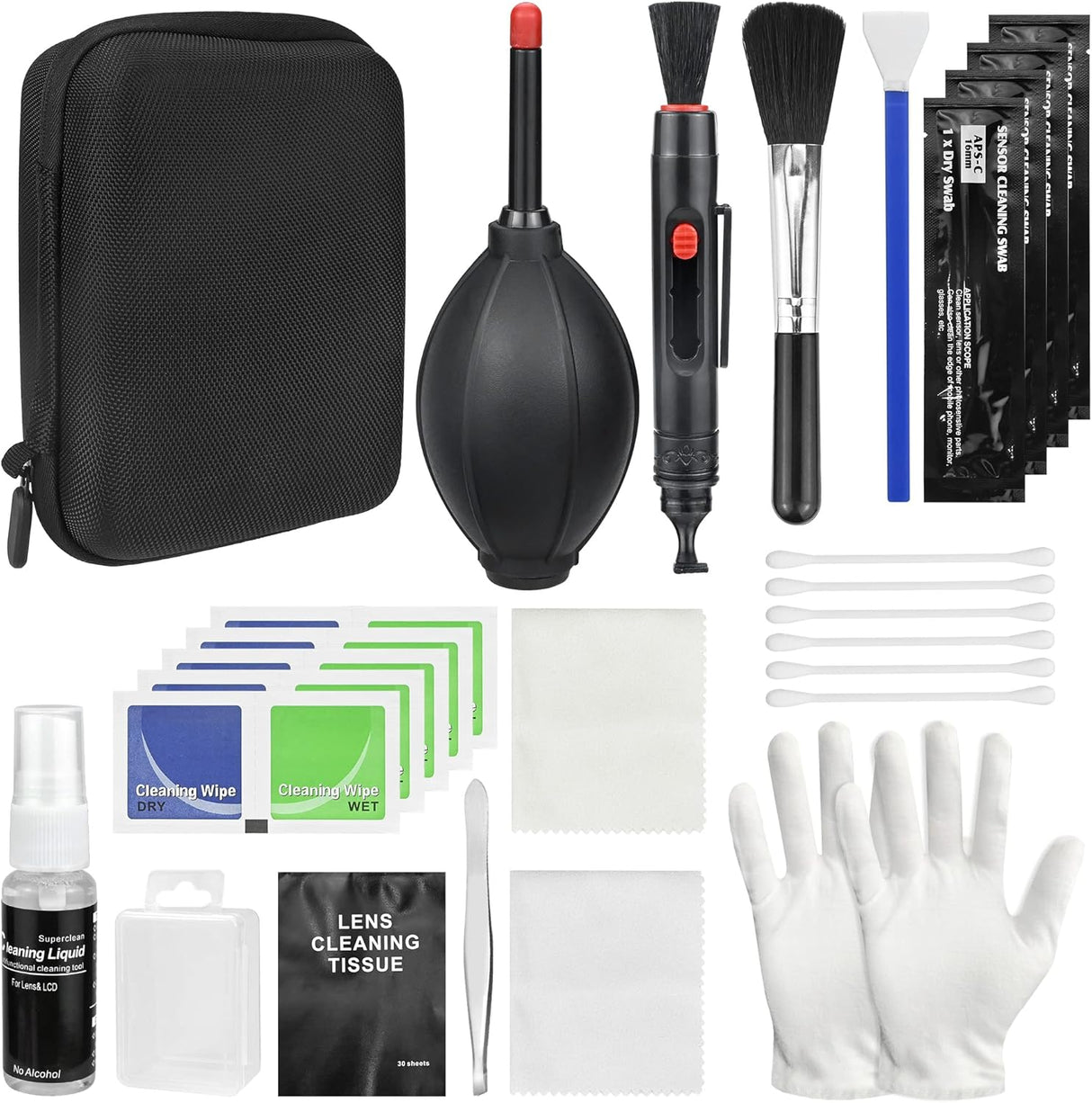 Professional Camera Cleaning Kit, DSLR Camera Cleaning Accessories with Storage Box, Screen Cleaner, Air Blower, Lens Cleaning Pen, Cleaning Brush, Cleaning Cloth, Cleaning Swabs, Gloves.