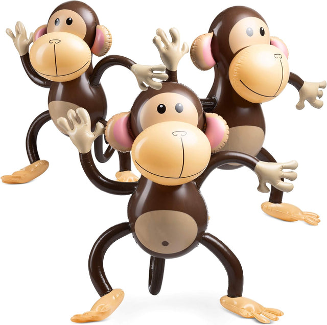 Large Inflatable Monkey (Pack of 3) 27-Inch Monkeys for Baby Shower, Safari, Jungle Theme Party Decorations, Blow Up Animal Party Favours and Decorations for Kids and Toddlers.