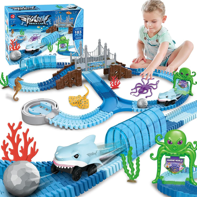 VATOS Track Toys, 183 Pcs Race Car Toys for Boys Girls 3 4 5 6 7 9 Year, Bendable Flexible Racetrack Cars with Shark & Ball, Ocean Theme Train Toys, STEM Educational Playset Birthday Gift.