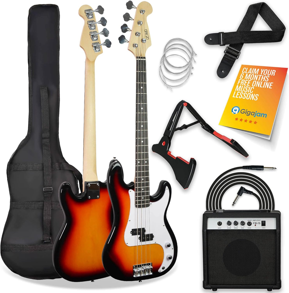 3rd Avenue Electric Bass Guitar Pack, Black - Includes 15W Amp, Bag, Cable, Strap, Stand and Spare Strings.