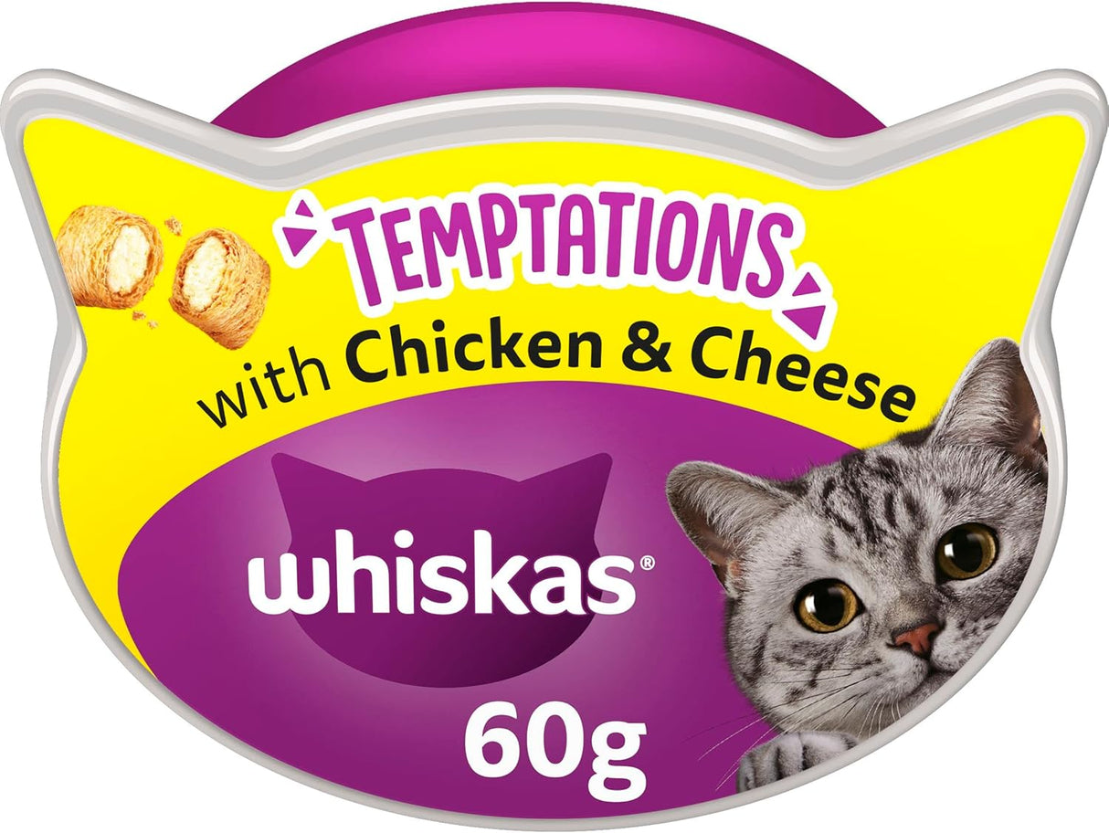 WHISKAS Temptations - Tasty, Crunchy Treats for Adult Cats, Small Bite Size Snacks with a Delicious Chicken and Cheese Filling, 4 x 180 g Packets - Pack May Vary