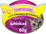 Whiskas Temptations 8 Packets, Tasty, Crunchy Treats for Adult Cats, bite size Snacks with a delicious Chicken & Cheese Filling, Pack of 8 (8 x 60 g)