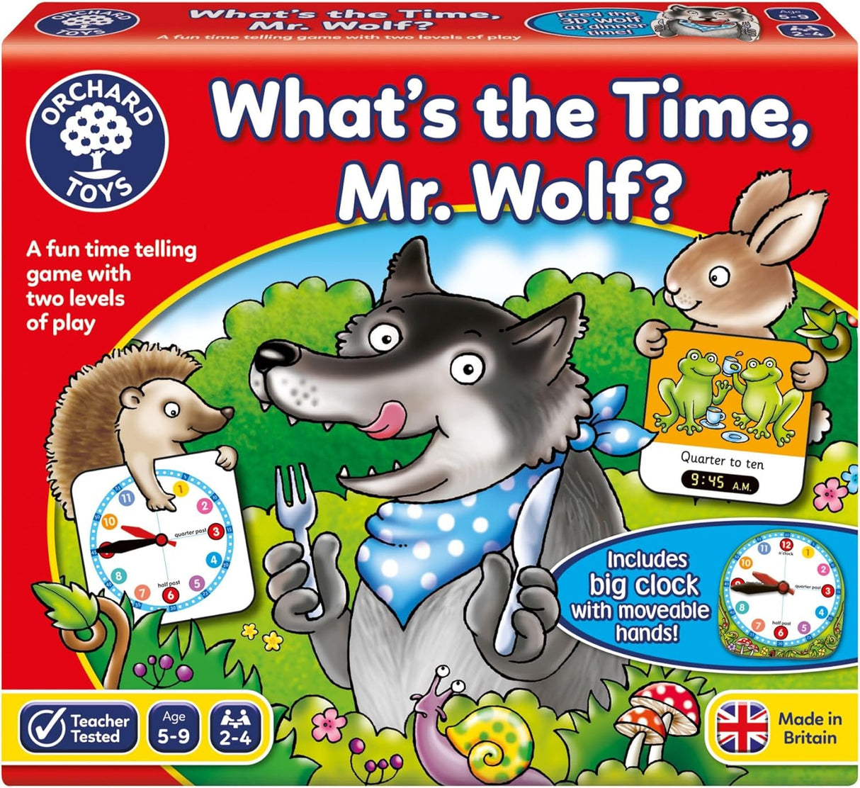 Orchard Toys What's the Time, Mr Wolf Game | Educational Game For Children Aged 5-9 | Two Ways To Play | Teaches Time Telling Skills | Includes Moveable Clockface | Learning Made Fun.