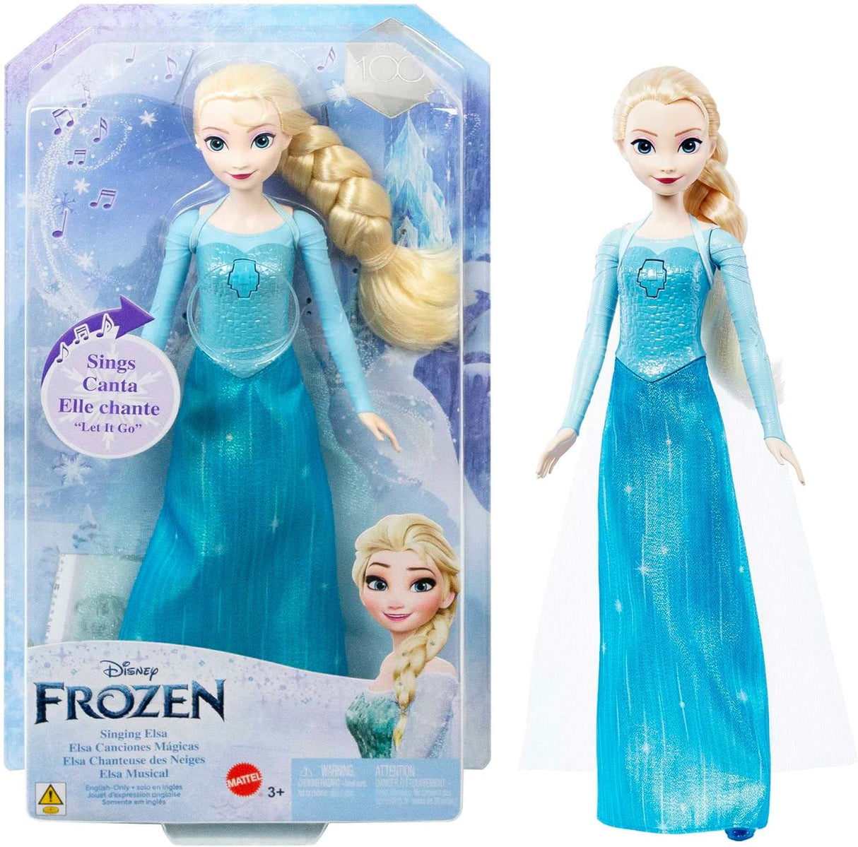 Mattel Disney Frozen Singing Elsa Doll, Frozen Elsa in Signature Clothing, Poseable Doll with Button that Sings "Let It Go" Song, Toys for Ages 3 and Up, English Version, HLW55.