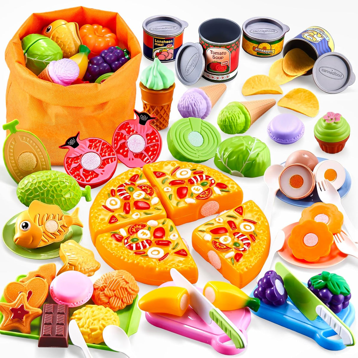 DawnReach Pretend Play Food Sets for Children Kitchen,66PCS Play Kitchen Accessories Toy Food With Non-BPA Plastic Food,Pizza,Ice Cream Toys for Kids,Role Play Toys for Boys Girls 3 4 5 Years Old.