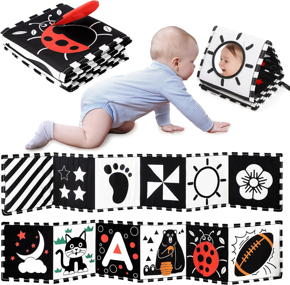 URMYWO Baby Toys 0-6 Months, Black and White Sensory Toys Brain Development, Tummy Time Toys, Soft Baby Book, Baby Essentials for Newborn 0-6-12 Months Montessori Toy Gifts.