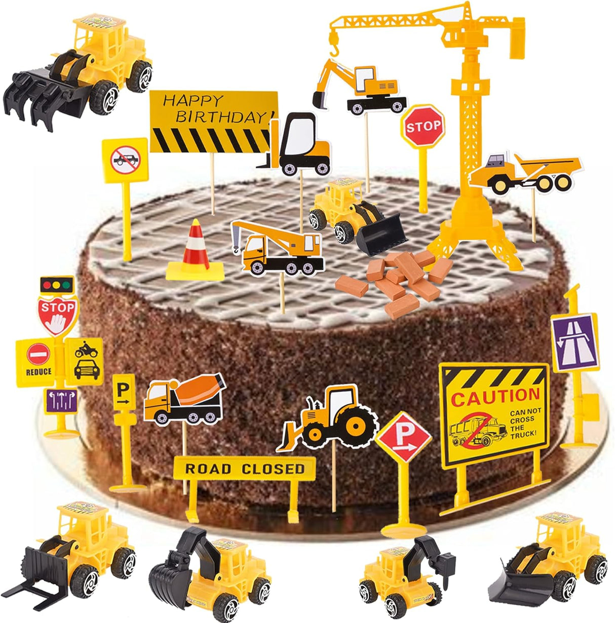 Construction Cake Toppers Party Decorations - 33 Pieces Construction Vehicle Cake Topper Set Excavator Tower Crane Road Toy Sign Digger Cake Topper for Construction Theme Boys Birthday Party Supplies.